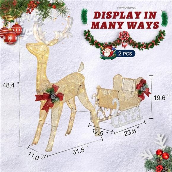 Christmas Lighted Reindeer and Sleigh Decor,Outdoor  Decor Set w/ 200 LED Lights - Picture 3 of 7